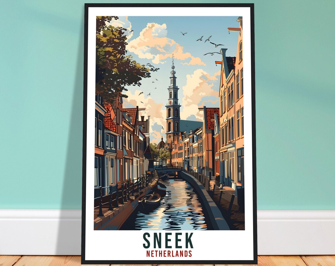 Historic Sneek Netherlands Dutch Canal Church Tower Travel Poster