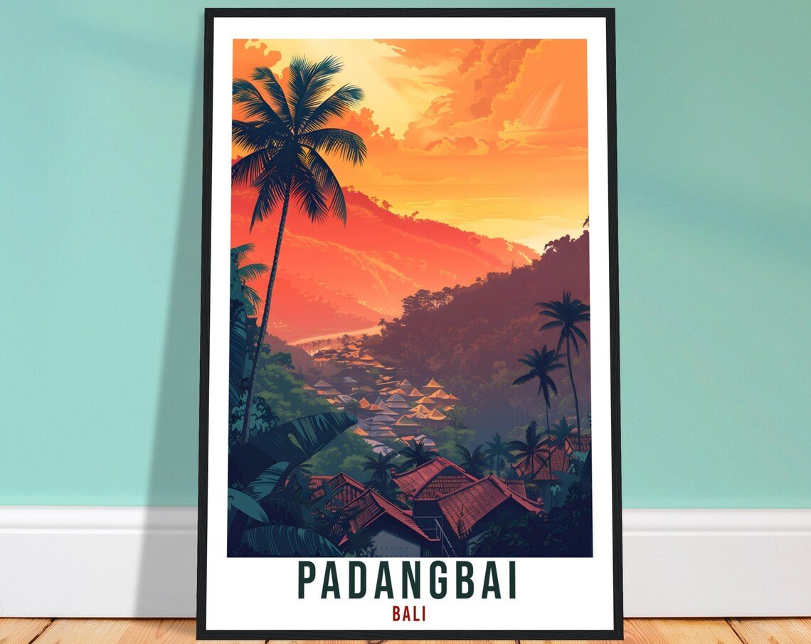 Padangbai Bali Orange Sunset Bay Village Retro Travel Poster