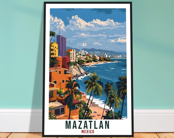 Mazatlan Mexico Cliffside Beach Palms Colorful Coast Travel Poster
