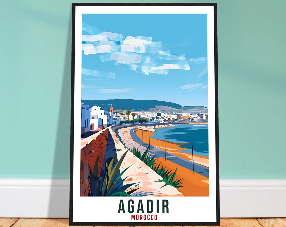 Agadir Morocco Curved Beach Promenade Atlantic Coastline Travel Poster