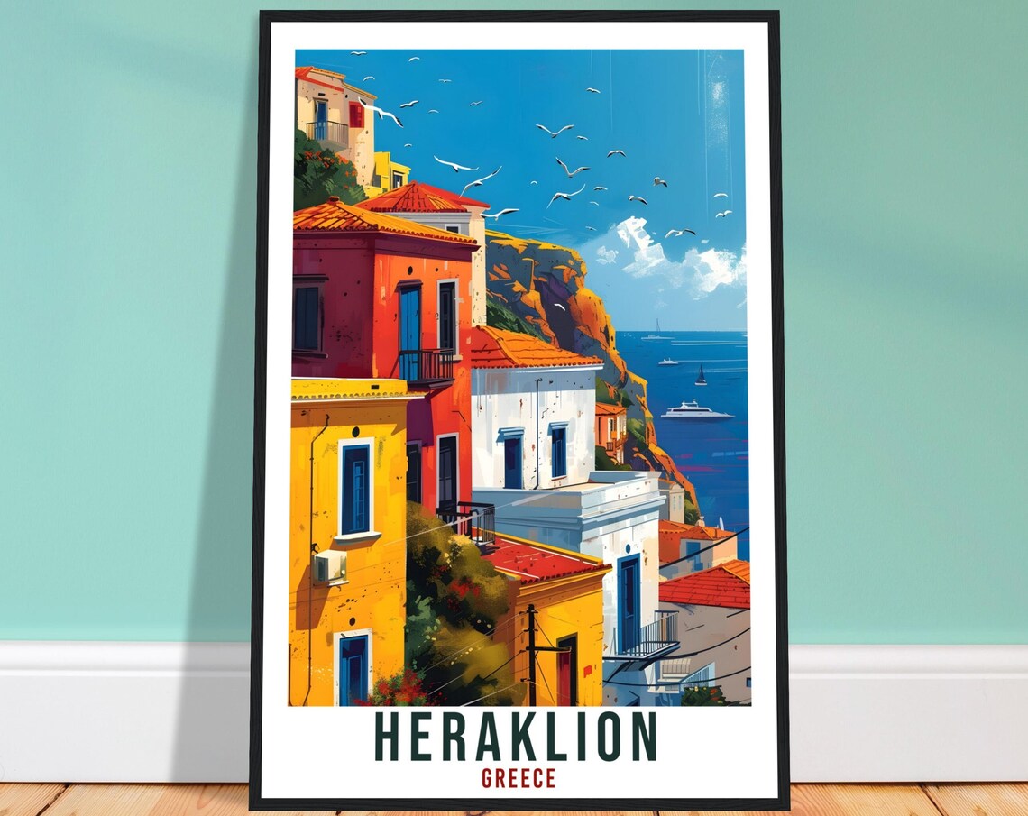 Heraklion Greece Colorful Harbor Houses Seagulls Travel Poster