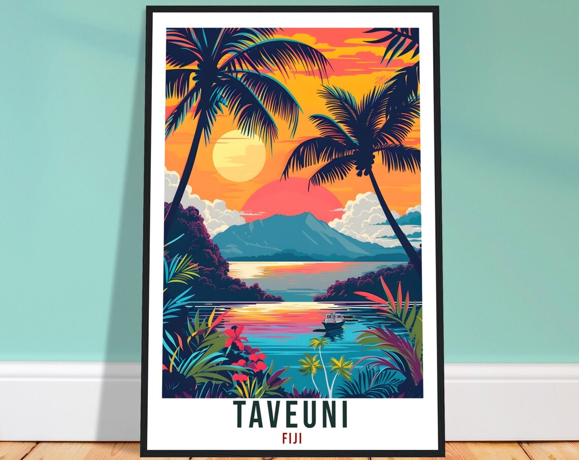 Taveuni Fiji Tropical Sunset Palm Beach Vintage Travel Poster