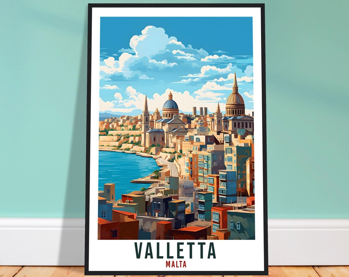 Valletta Malta Historic Harbor Skyline Vintage Travel Poster