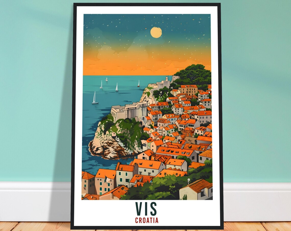 Vis Island Croatia Sunset Rocky Cliff Town Adriatic Travel Poster