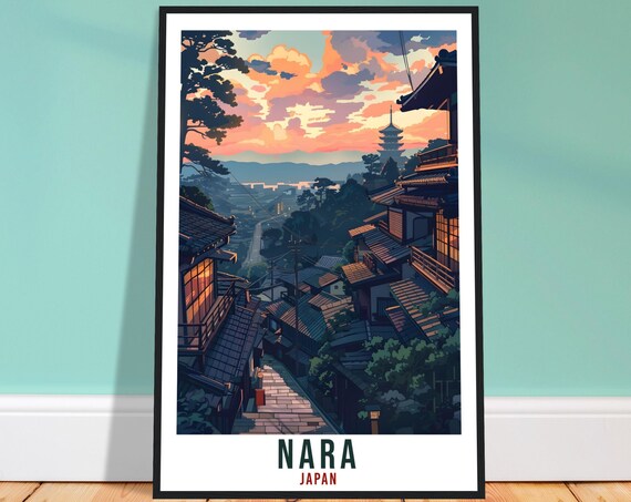 Nara Japan Sunset Pagoda Hillside Temples Golden Travel Poster