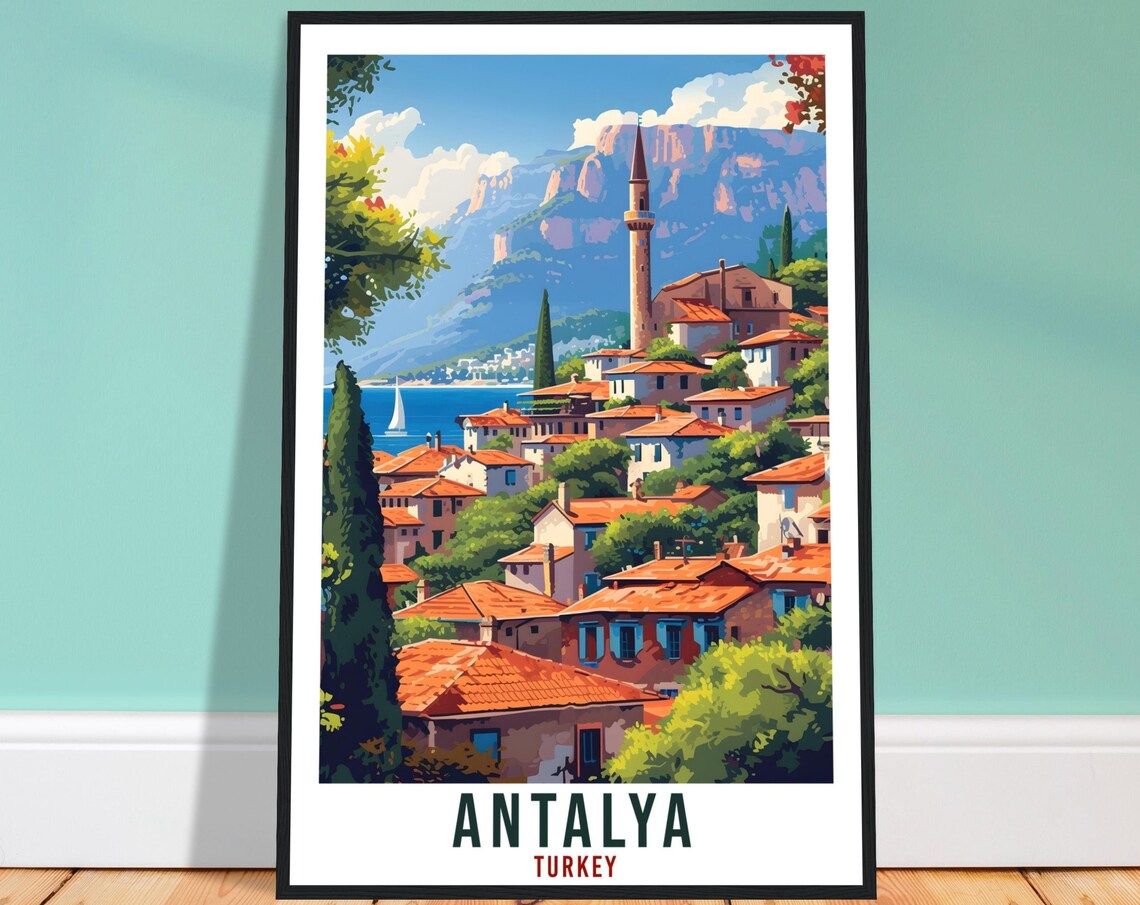 Antalya Turkey Old Town Minaret Harbor Mountains Travel Poster