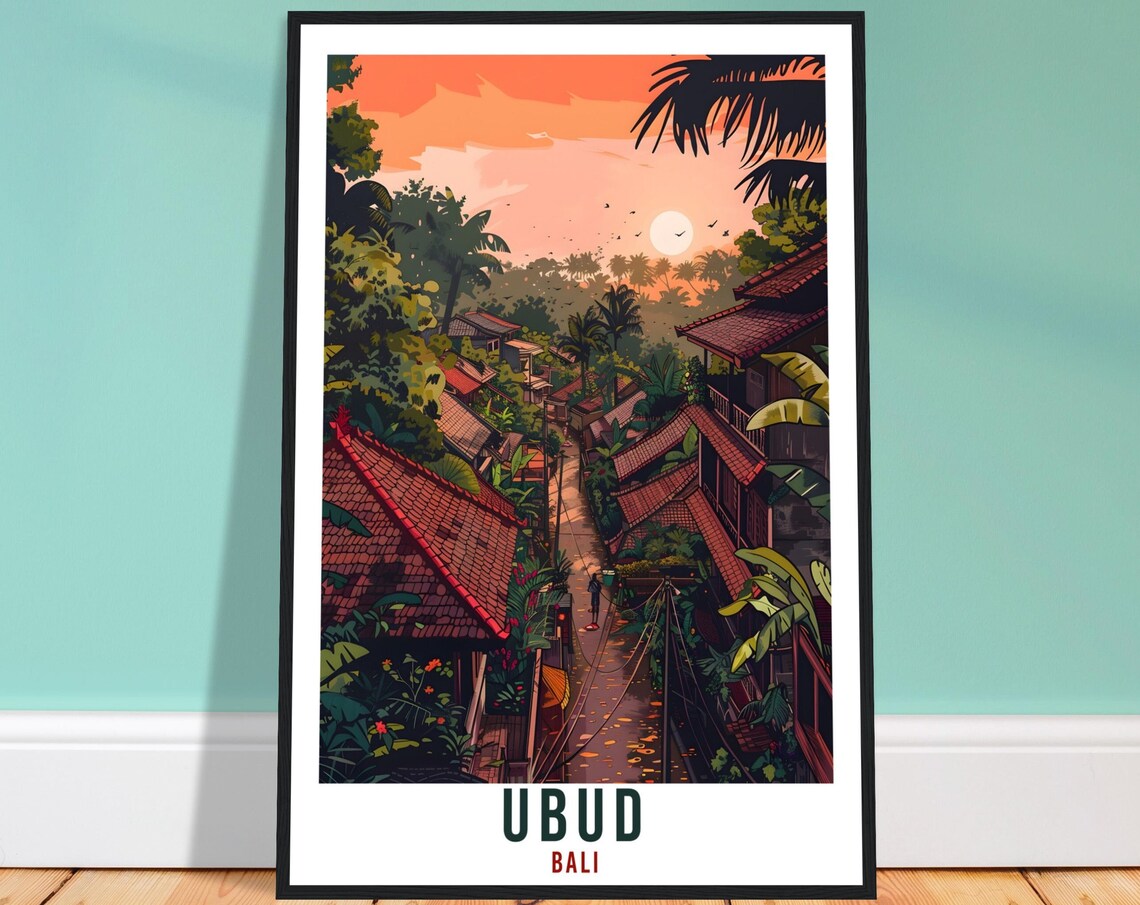 Ubud Bali Jungle Street Sunset Red Tiled Rooftops Travel Poster