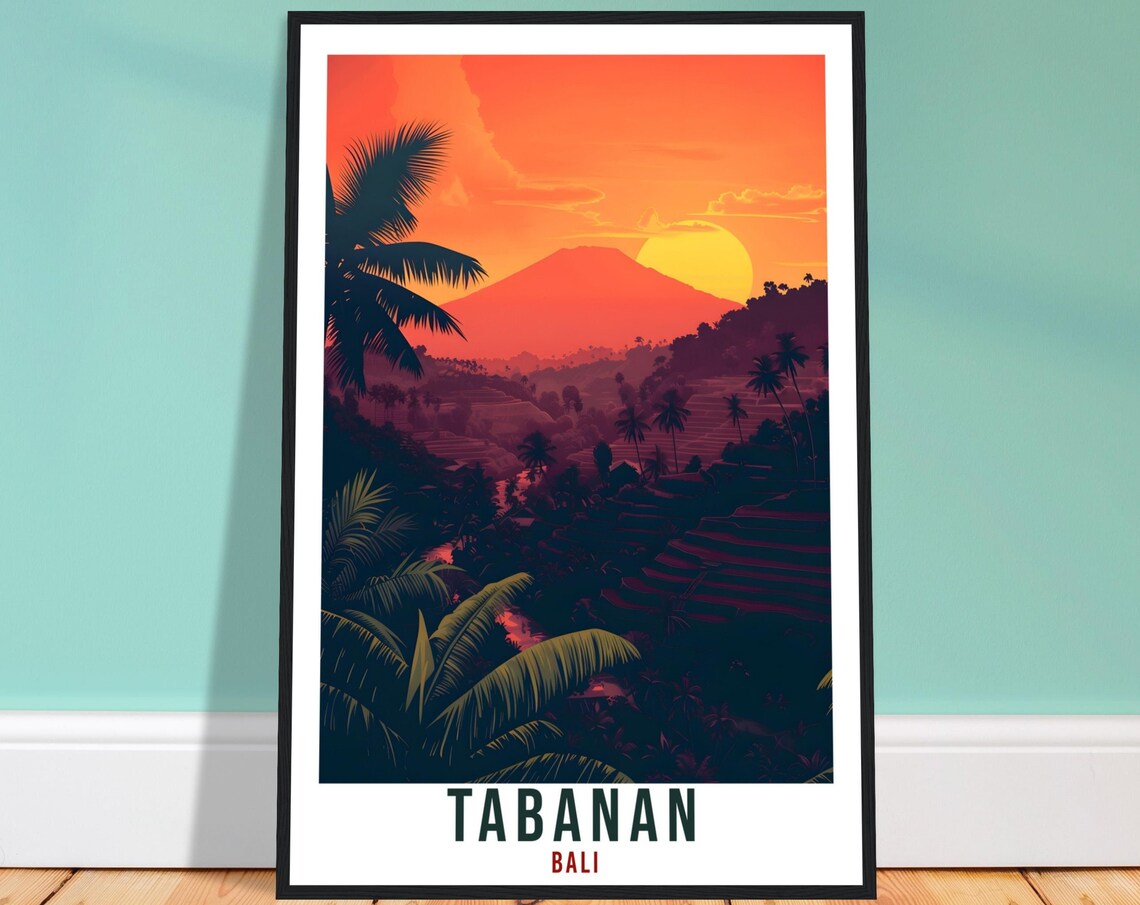 Tabanan Bali Rice Terraces Sunset Volcano Illustrated Art Poster