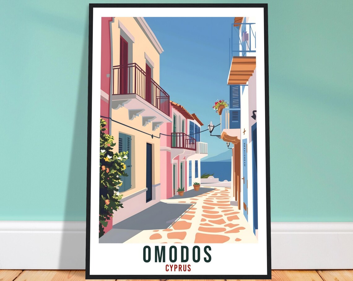 Omodos Cyprus Village Lane Pastel Houses Bougainvillea Travel Poster