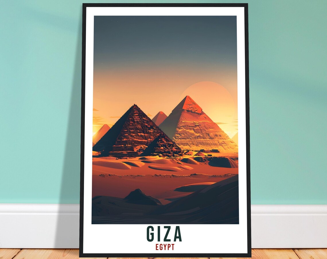 Giza Egypt Pyramids Sunset Desert Scene Travel Illustration Poster