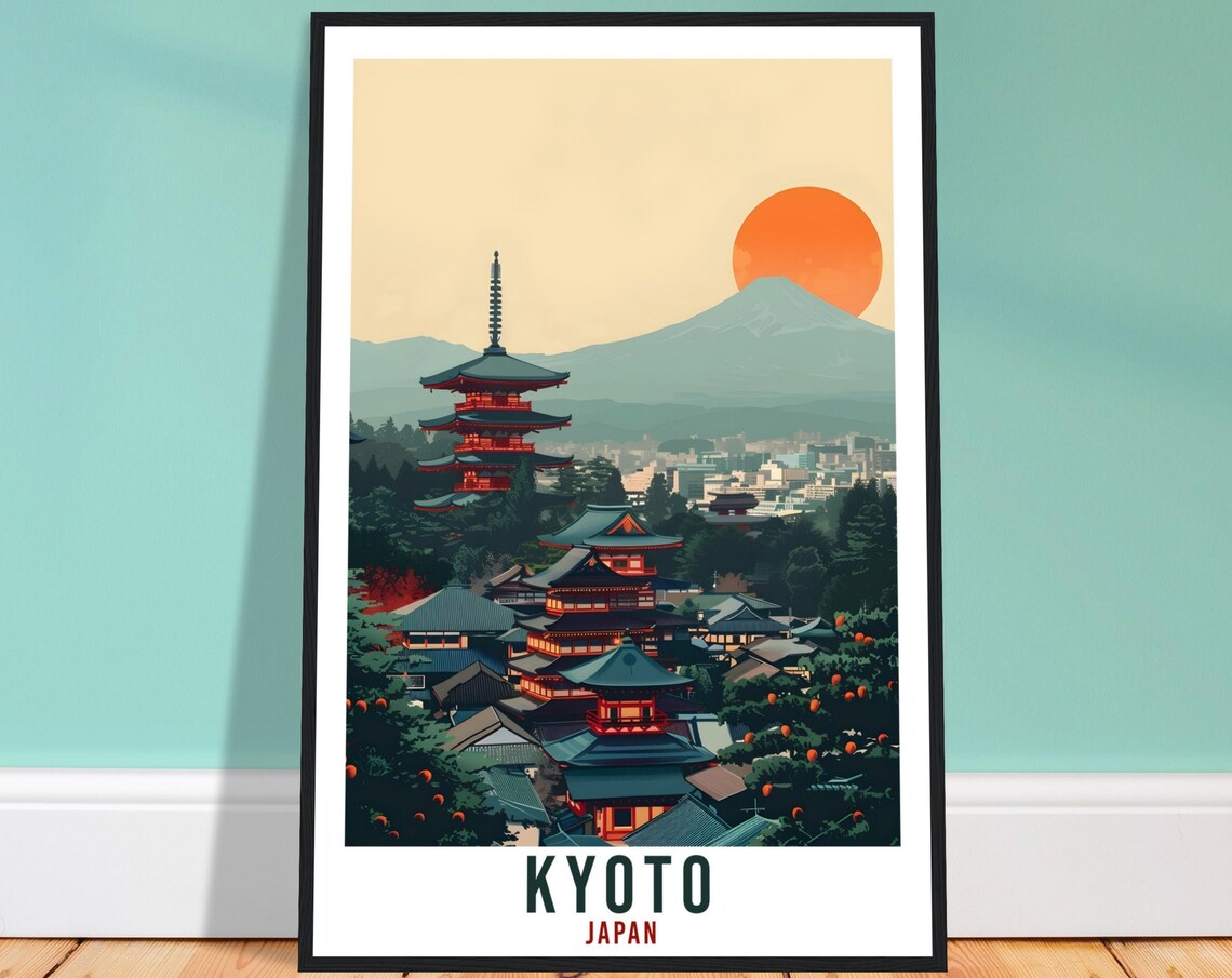 Kyoto Japan Red Pagoda Mount Fuji Sunset Vintage Travel Poster