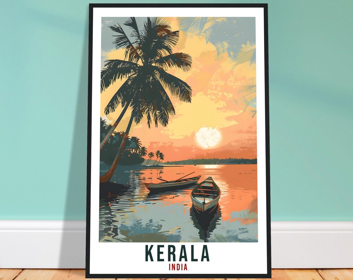 Tropical Kerala India Backwaters Sunset Palm Boat Travel Poster