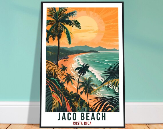 Jaco Beach Sunset Palms Golden Shore Surf Costa Rica Travel Poster