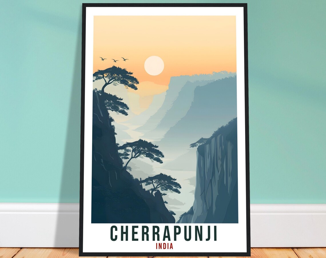 Cherrapunji India Misty Mountain Valley Sunset Peaks Travel Poster