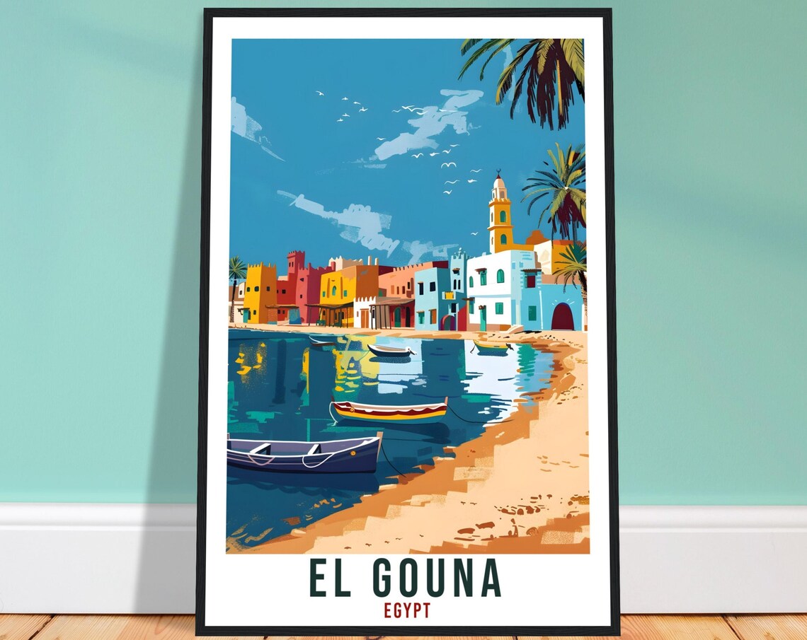 El Gouna Egypt Colorful Waterfront Boats Retro Travel Poster