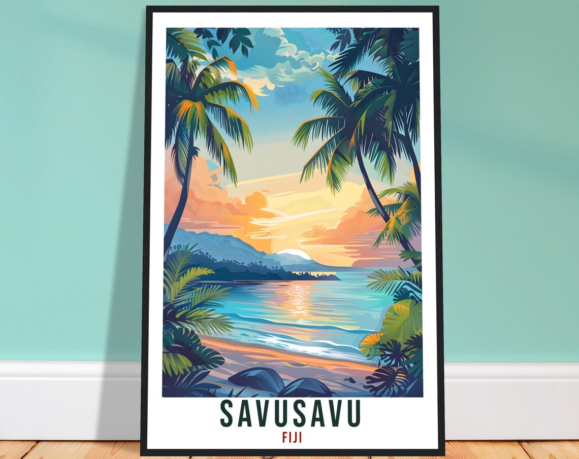 Savusavu Fiji Tropical Sunset Beach Paradise Palm Travel Poster