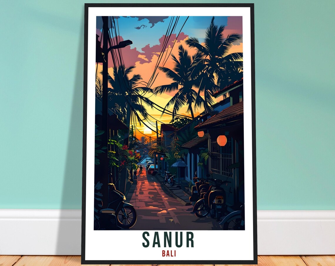 Sanur Bali Indonesia Sunset Palm Street Evening Scene Travel Poster