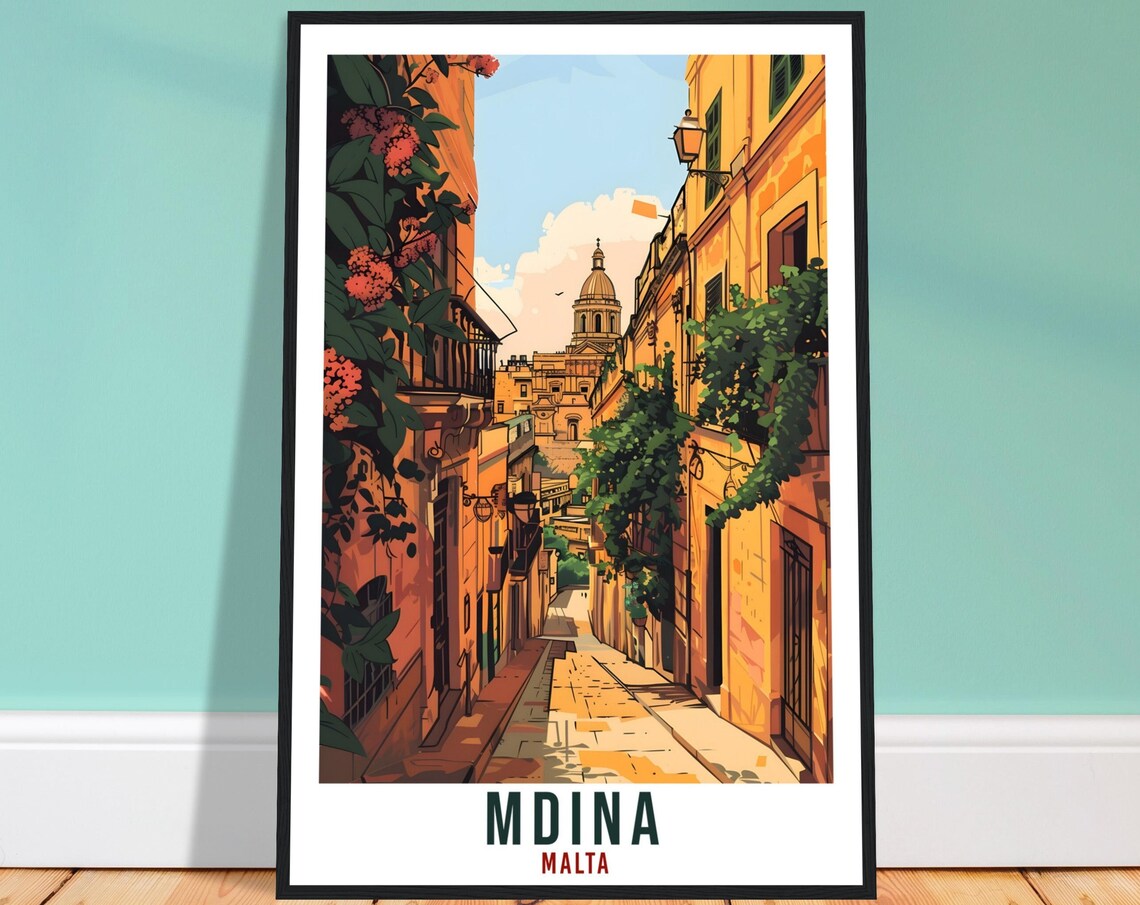 Mdina Malta Narrow Street Cathedral Dome Old Town Travel Poster