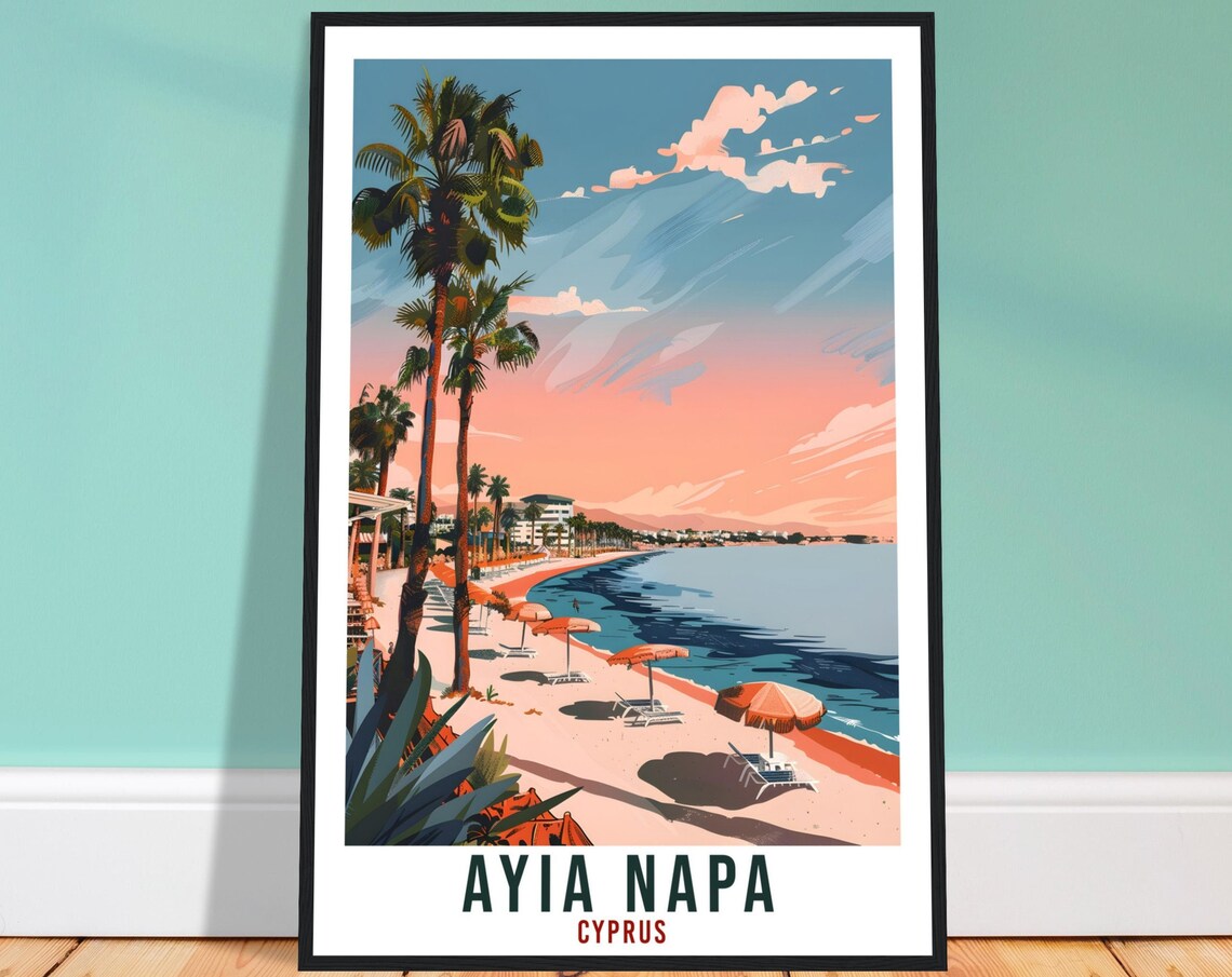 Ayia Napa Cyprus Palm Beach Sunset Umbrellas Pink Sky Travel Poster