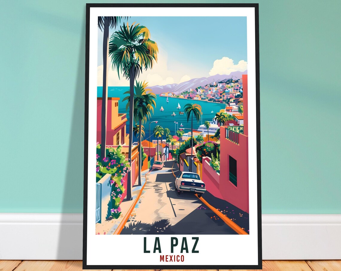La Paz Mexico Palm Bay Street View Travel Poster Illustration
