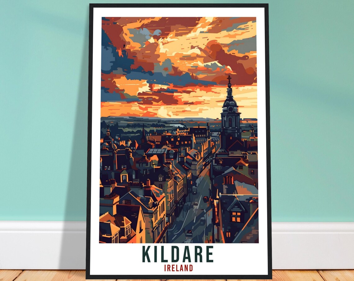Kildare Sunset Rooftop Panorama Church Spire Ireland Vintage Poster