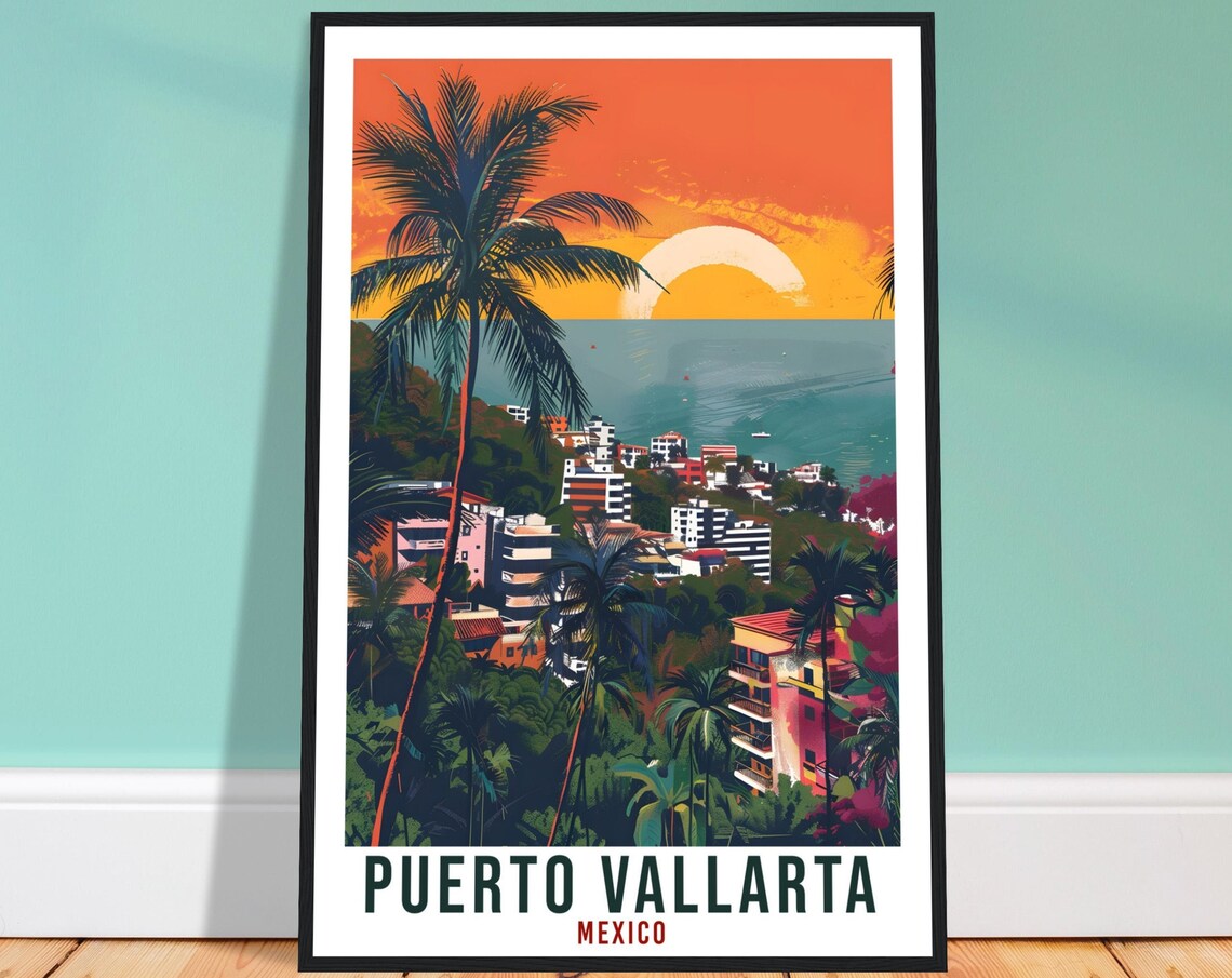Puerto Vallarta Mexico Palm Tree Sunset Retro Bay Travel Poster
