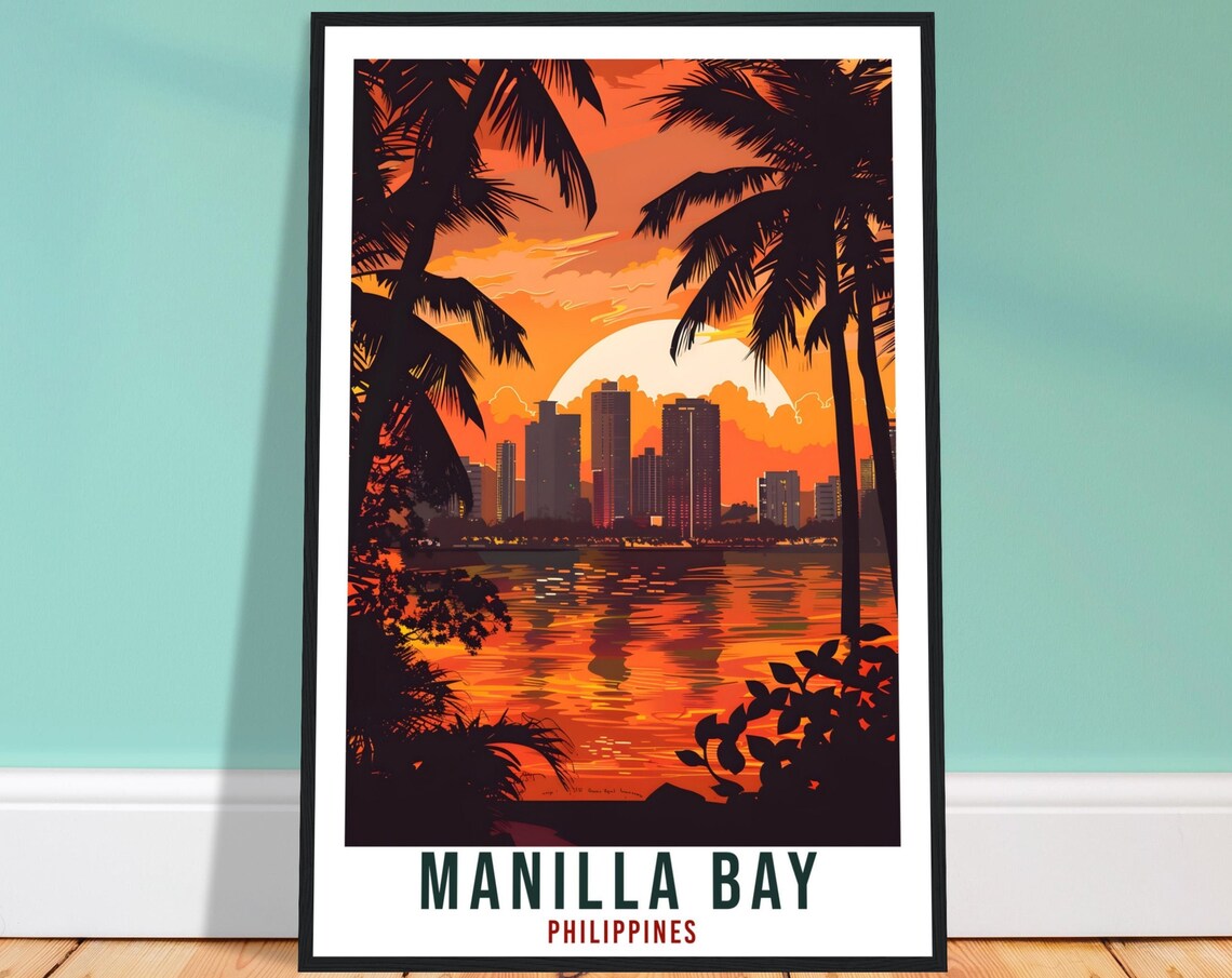 Manilla Bay Philippines Tropical Sunset Palm Skyline Travel Poster