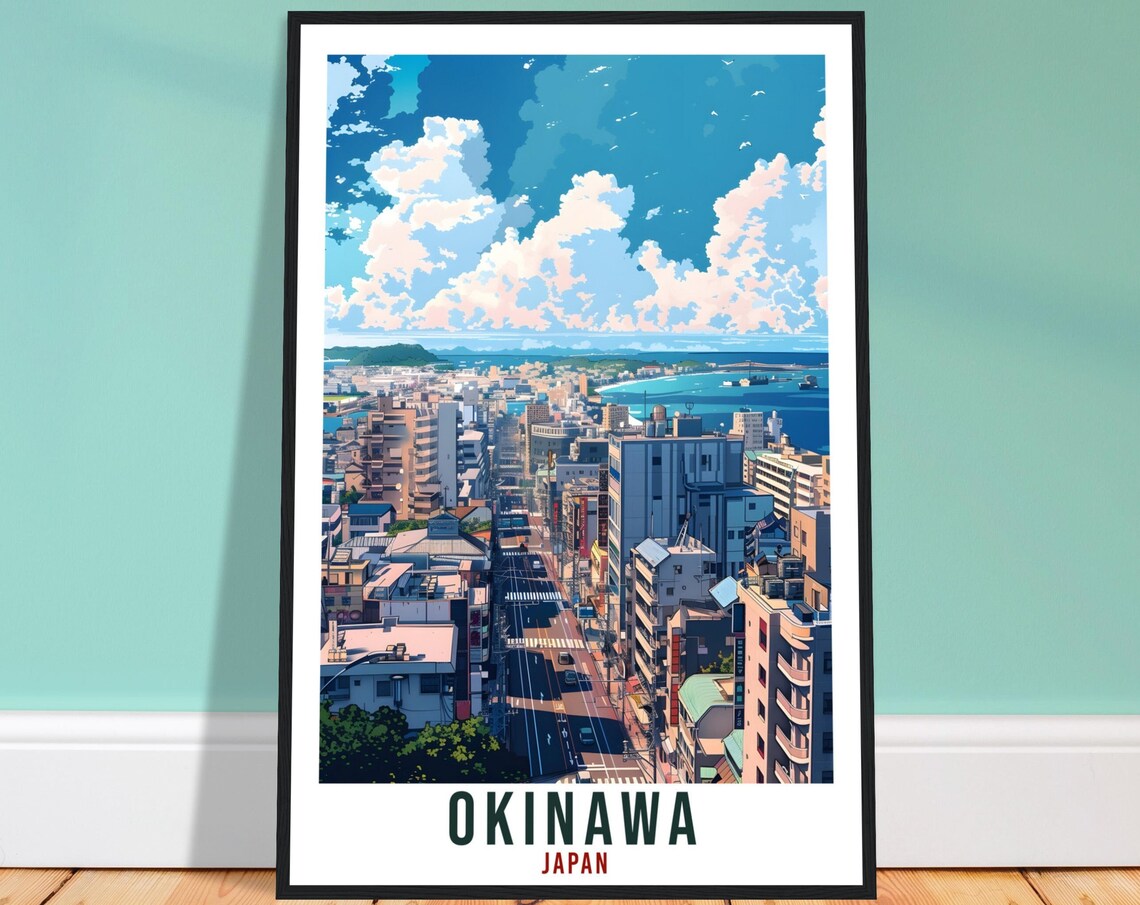 Okinawa Japan Coastal City Anime Style Travel Illustration Wall Art