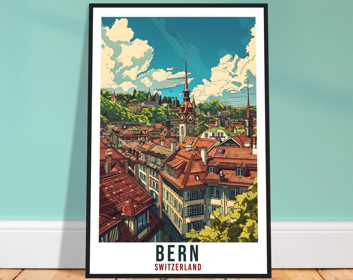 Bern Switzerland Clock Tower Red Rooftops Old Town Travel Poster