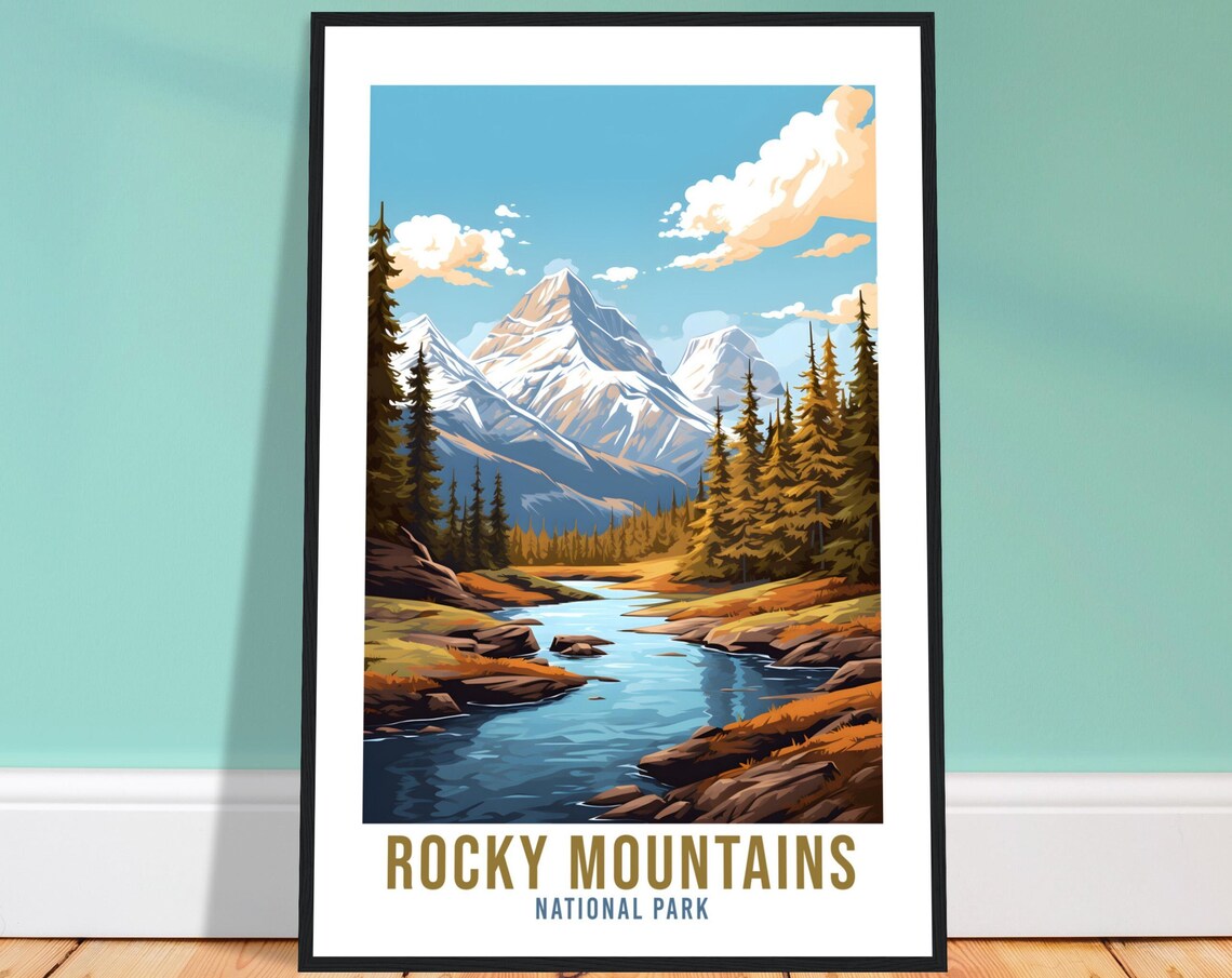 Rocky Mountains National Park Snow Peak River Pine Travel Poster