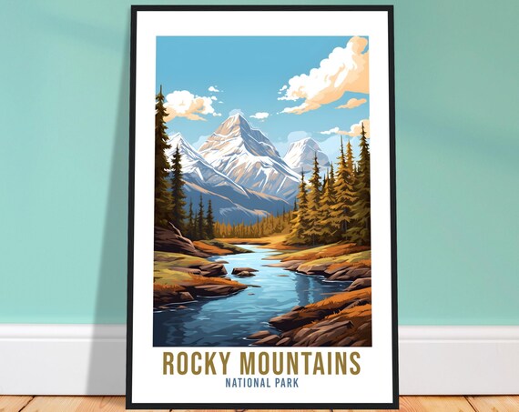 Rocky Mountains National Park Snow Peak River Pine Travel Poster