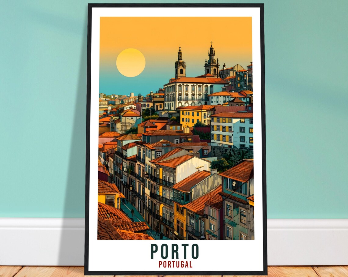 Porto Portugal Golden Sunset Old Town Riverside Travel Poster