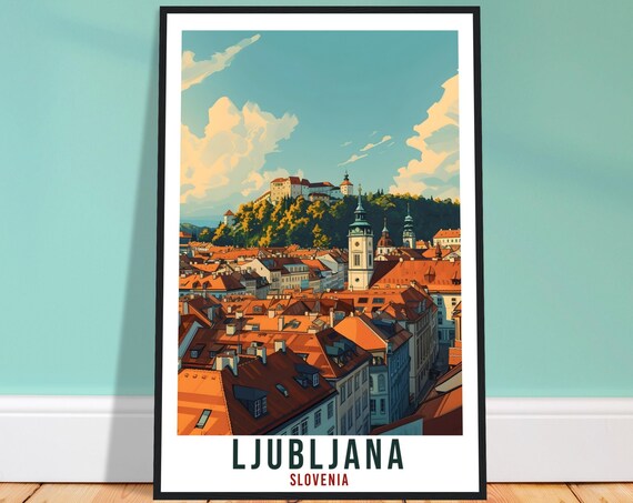 Ljubljana Slovenia Old Town Castle Hill Rooftops Illustration Travel Poster