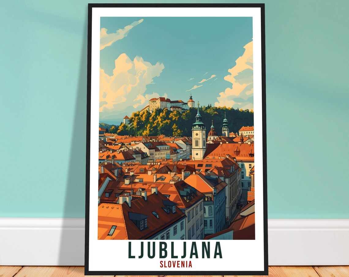 Ljubljana Slovenia Old Town Castle Hill Rooftops Illustration Travel Poster