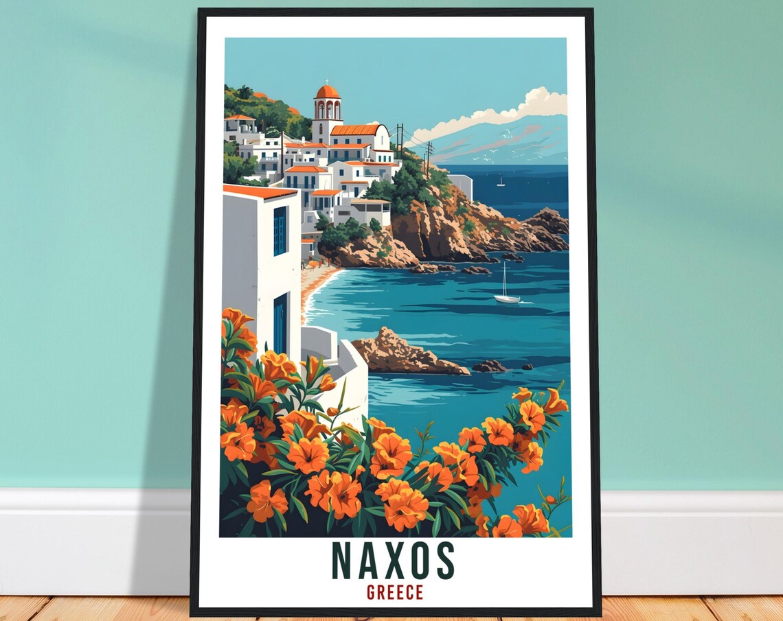 Naxos Greece Whitewashed Seaside Village Orange Blossoms Travel Poster