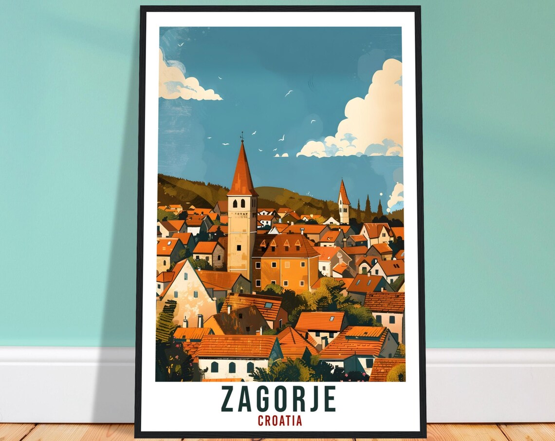 Zagorje Croatia Countryside Village Church Spires Travel Poster
