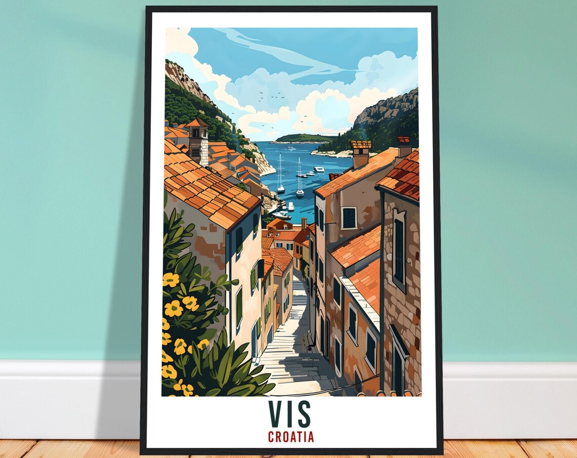 Vis Croatia Island Harbor Old Town Steps Vintage Style Travel Poster