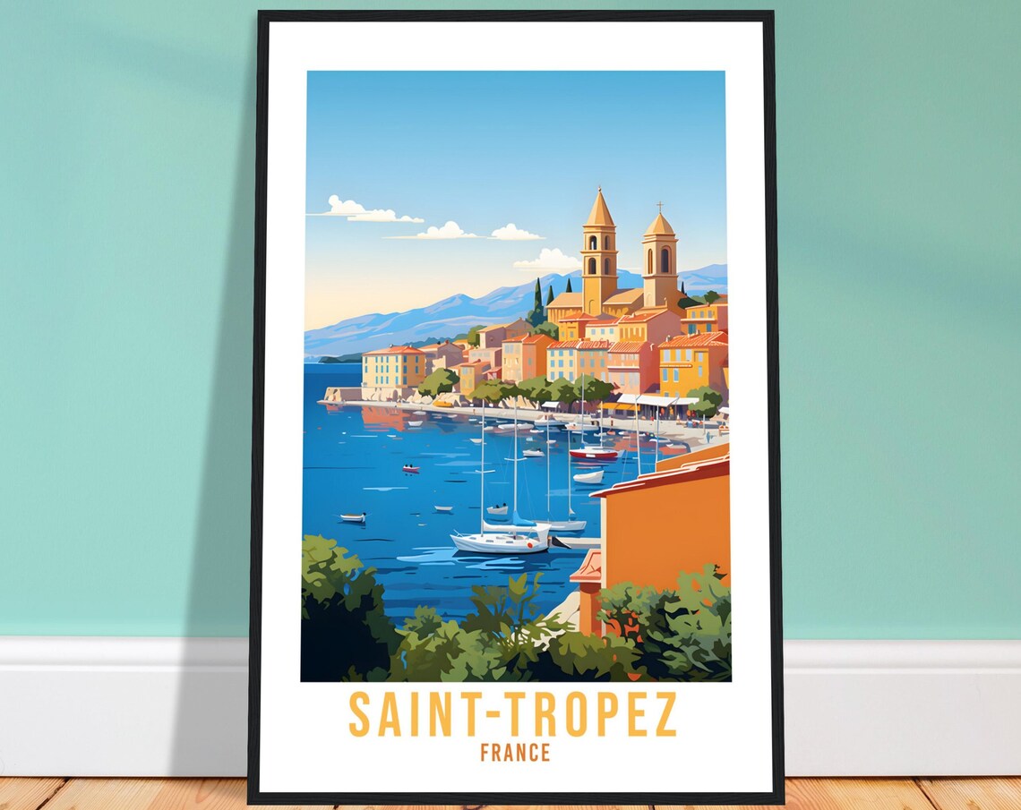 Saint Tropez Harbor Sailboats Church Towers France Vintage Poster