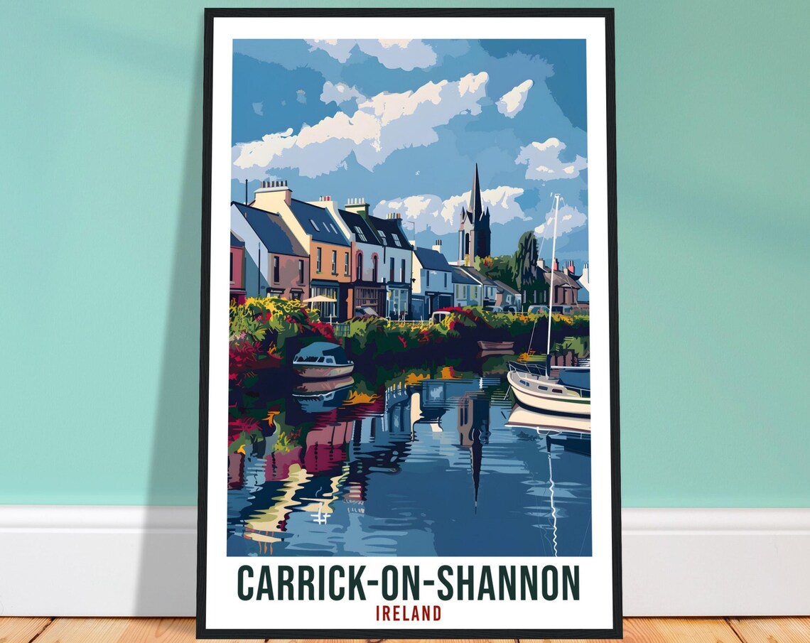 Carrick On Shannon Canal Boats Riverside Church Ireland Travel Poster