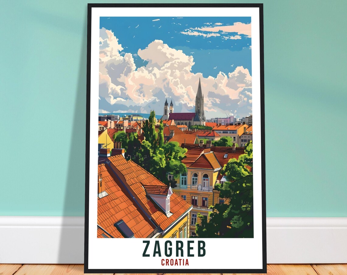 Zagreb Croatia Cathedral Red Rooftops Vintage Style Travel Poster