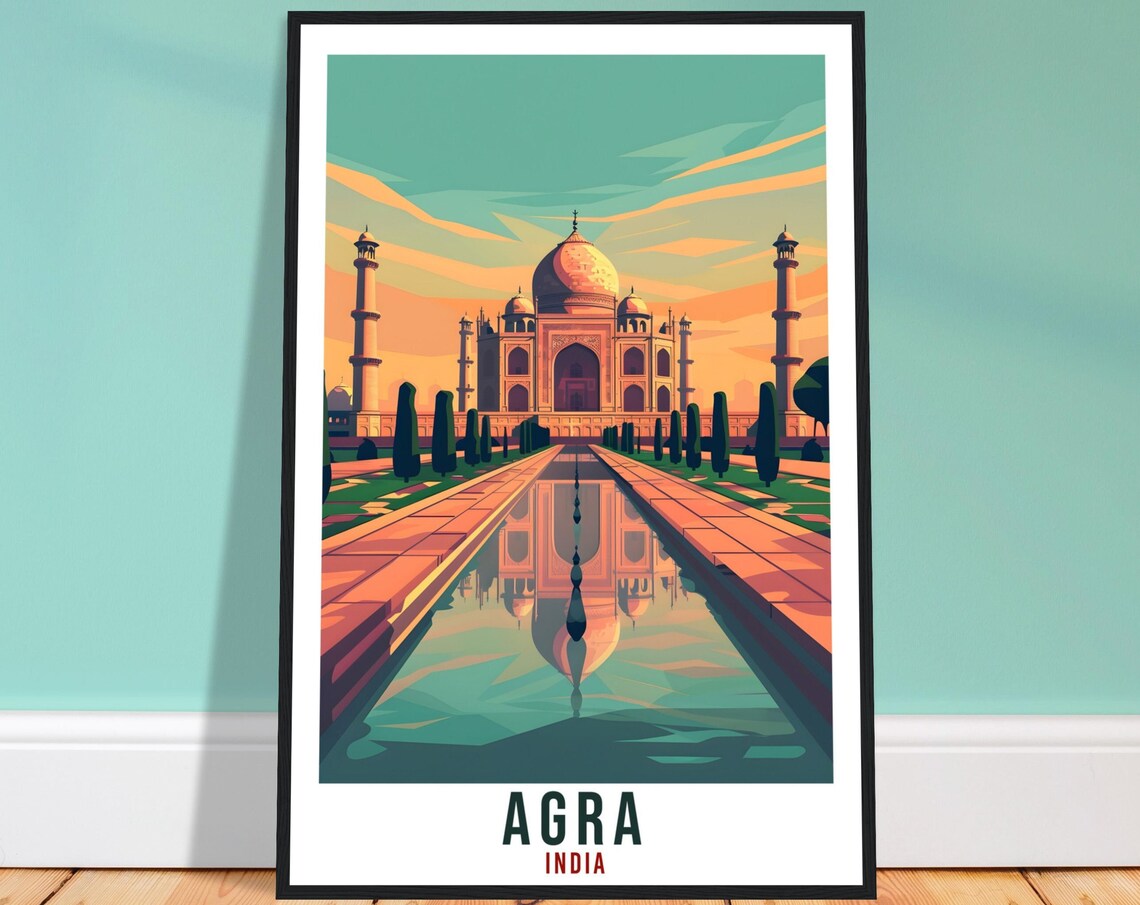 Agra India Taj Mahal Marble Reflection Golden Sunset Travel Poster