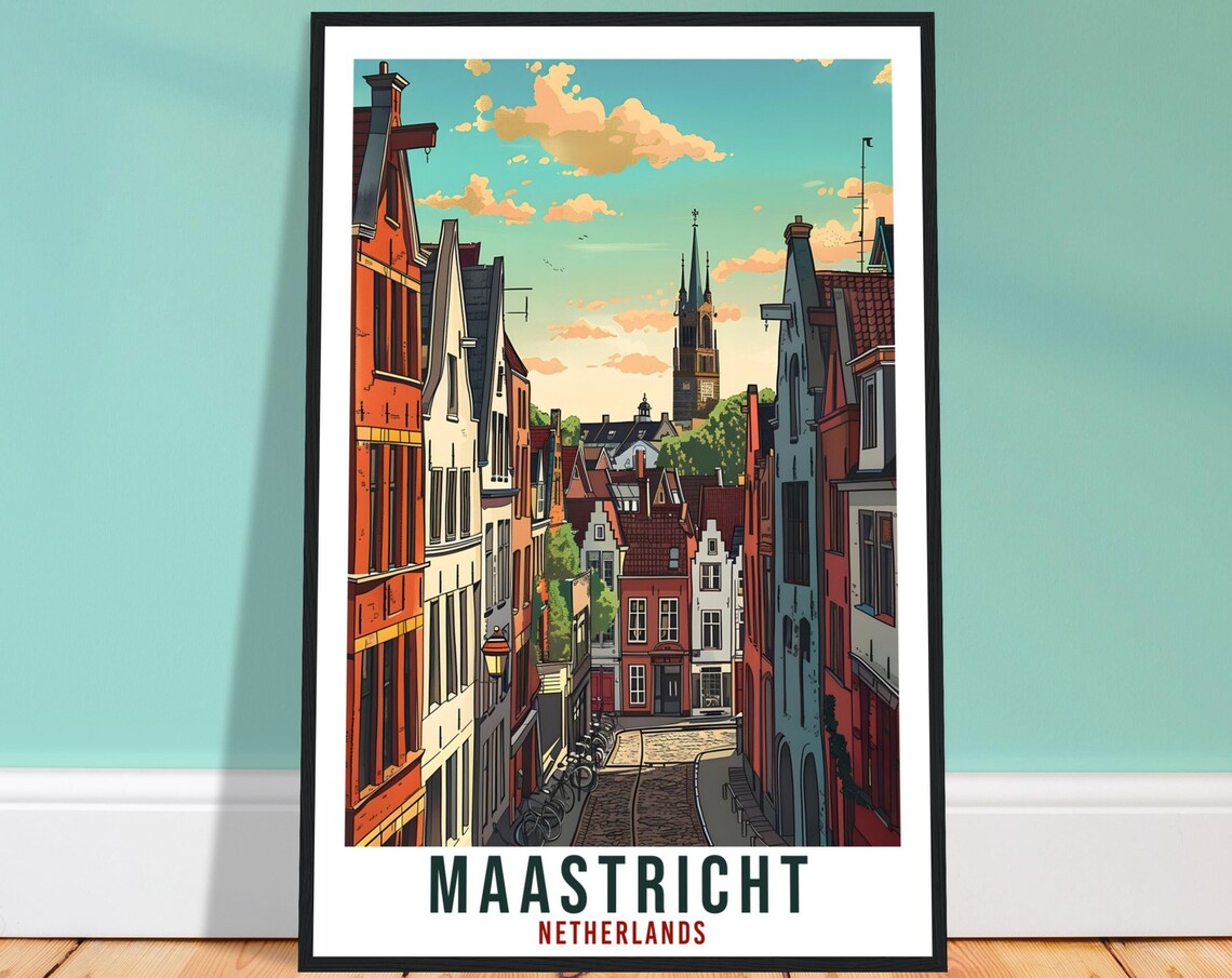 Maastricht Netherlands Vintage Travel Street Church Cobblestone Poster