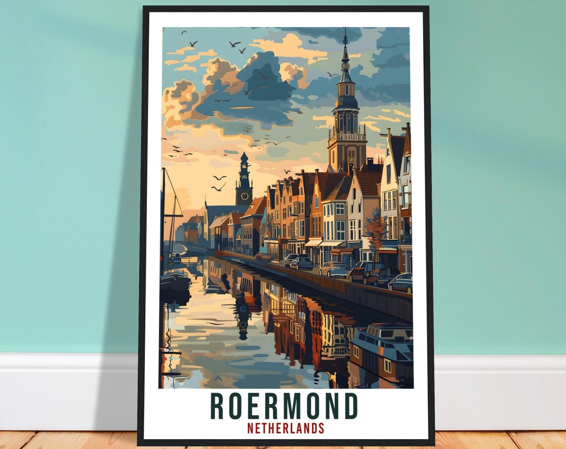 Roermond Netherlands Canal Sunset Vintage Travel Poster Holland Art