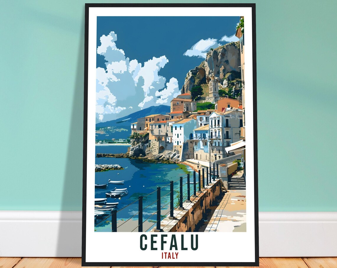 Cefalu Italy Coastal Cliff Town Illustrated Vintage Travel Poster
