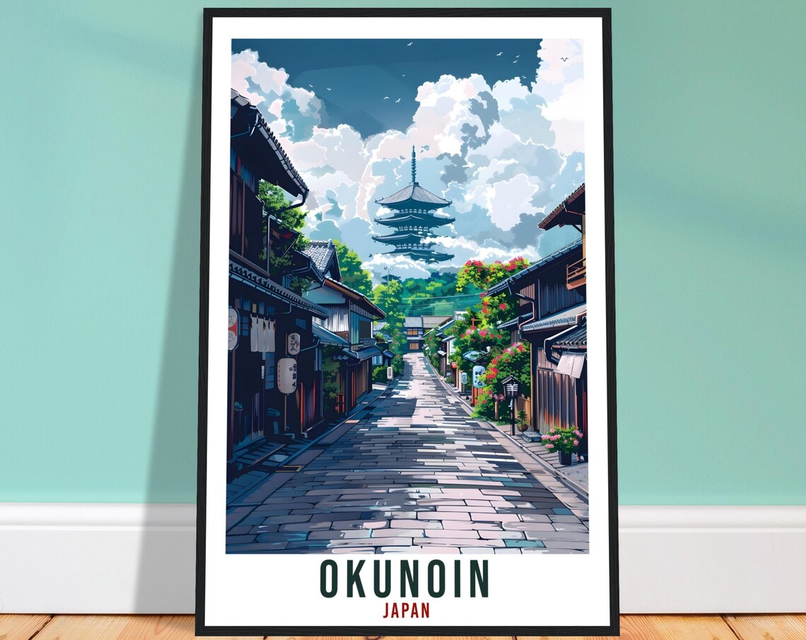 Okunoin Japan Cobblestone Street Pagoda Temple Travel Poster