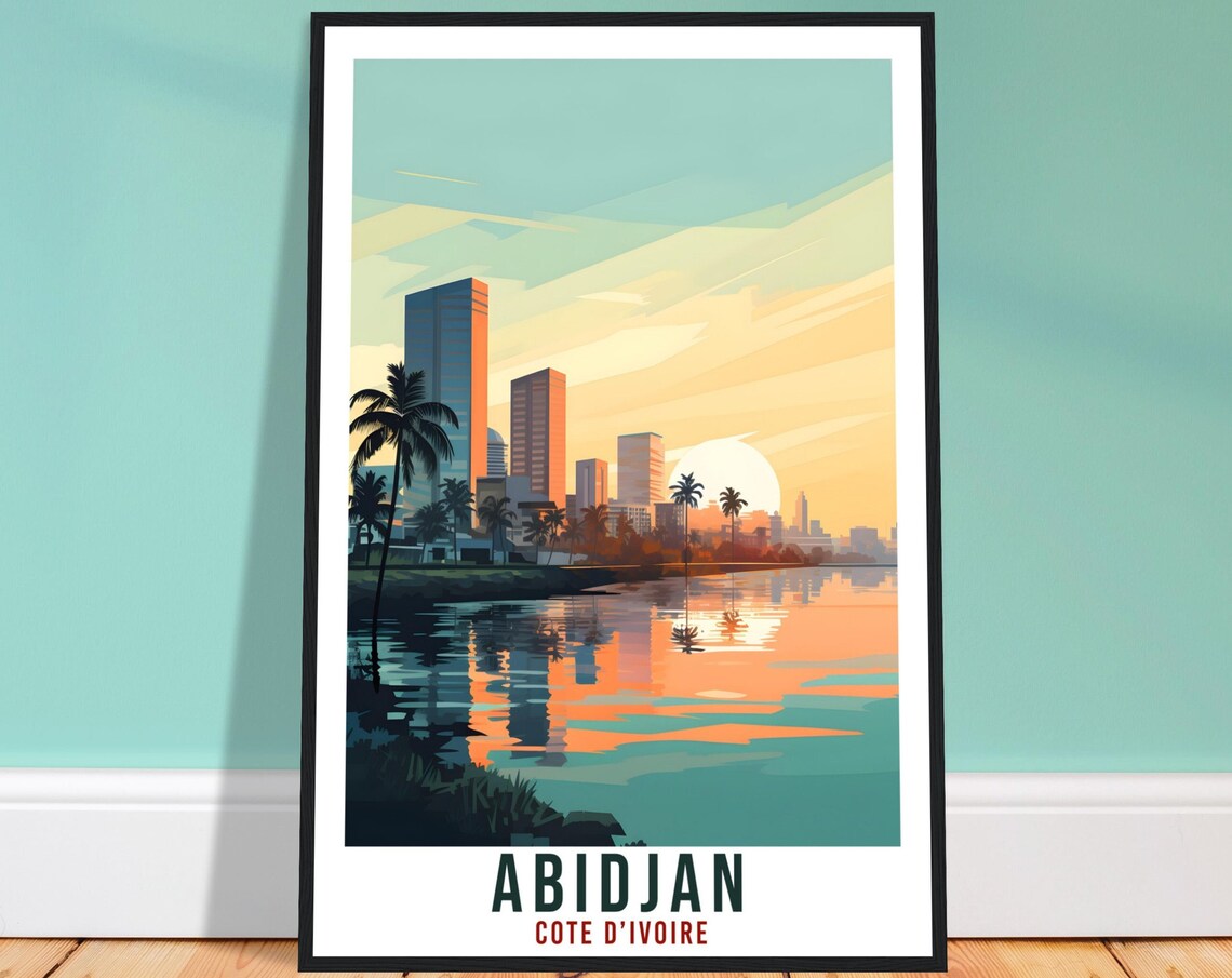 Abidjan Cote D'Ivoire Skyline Sunset Lagoon Vintage Travel Poster