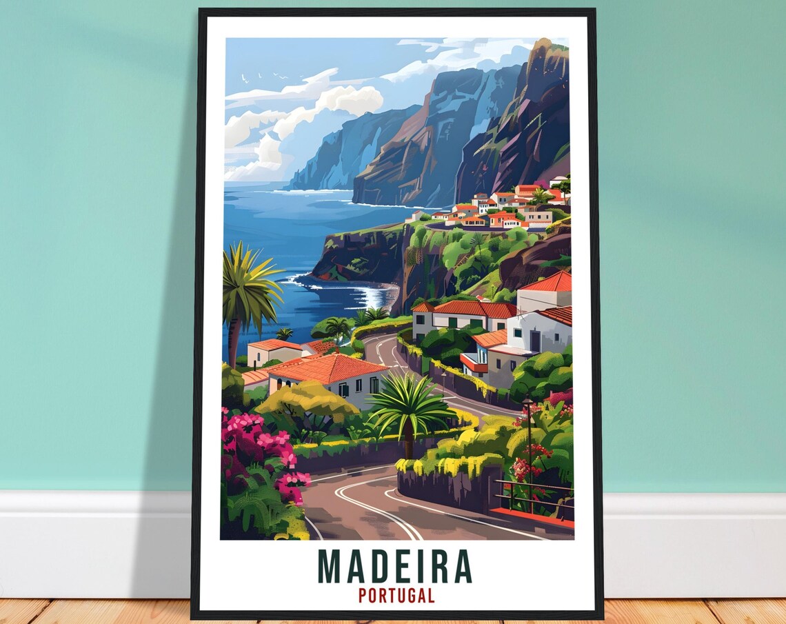 Madeira Portugal Dramatic Coastal Cliffs Village Vintage Travel Poster