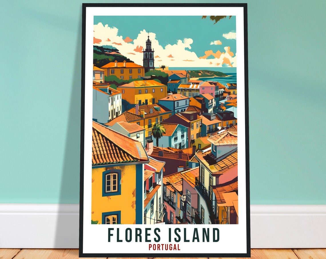 Flores Island Portugal Azores Town Vista Retro Travel Poster