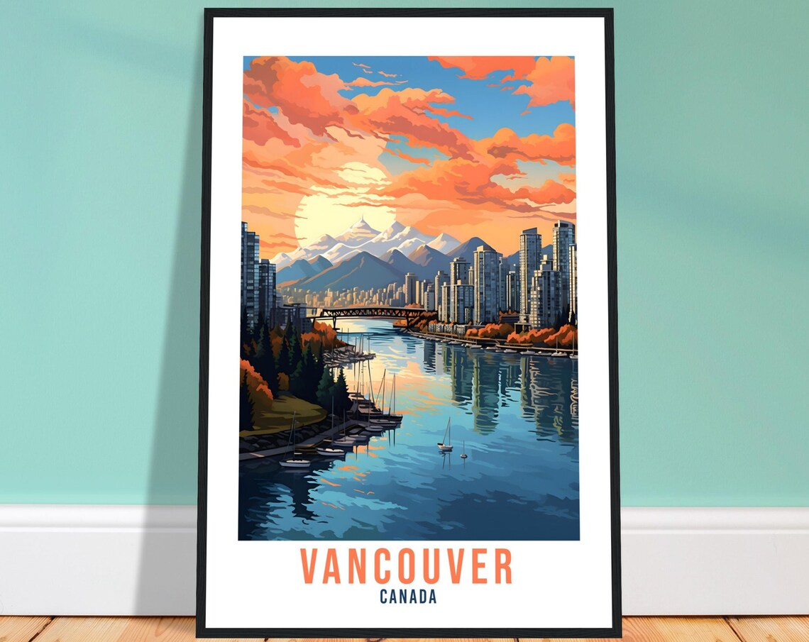 Vancouver Canada Harbor Sailboat Mountains Bridge Sunset Poster