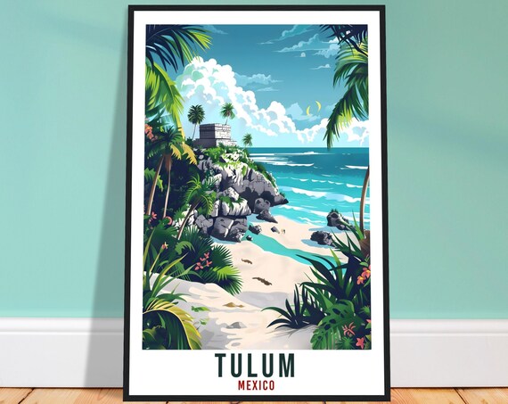 Tulum Mexico Mayan Ruins Cliffside Retro Yucatan Travel Poster